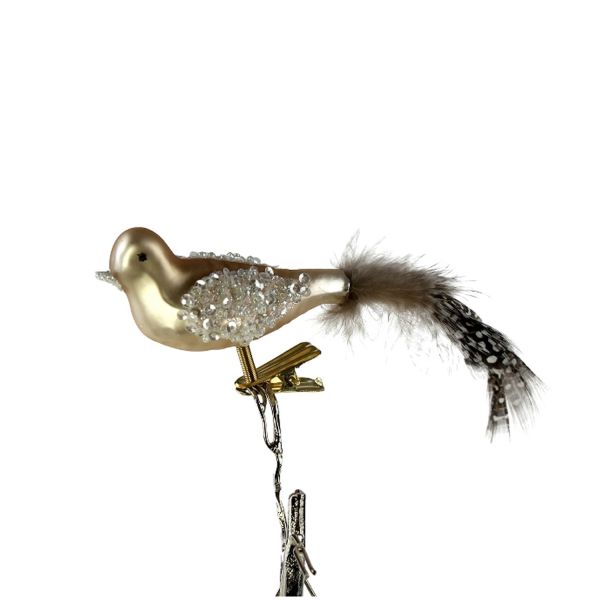 glass bird on clip, champagne glitter, 2.5x15 cm